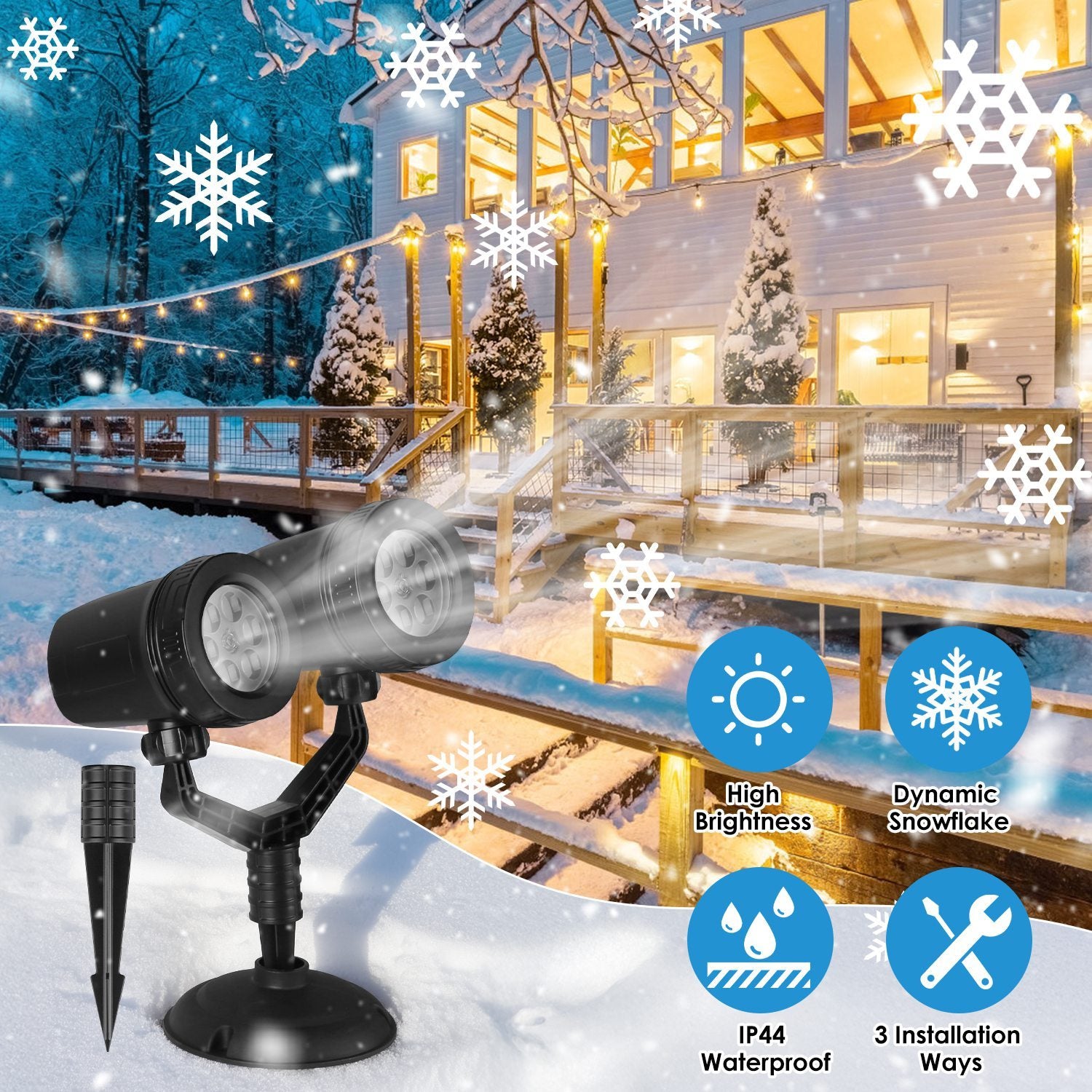 1Pc Christmas Snowflake Projector Light Dual Head LED Stake Light IP44 Waterproof Xmas Decoration For Holiday Indoor Outdoor Use Garden Patio Wall Deco