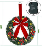 Set of 3 Lighted Artificial Christmas Wreaths with LED Lights & Large Red Bows – 14" Holiday Door and Wall Decorations with 8 Lighting Modes & Timer, Battery Operated Xmas Decor