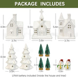 Christmas Decorations Indoor – 11 Pcs Lighted Ceramic Christmas Village Set with LED Houses & Trees – Elegant White Farmhouse Tabletop Holiday Décor for Home, Mantel & Fireplace