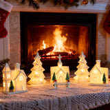 Christmas Decorations Indoor – 11 Pcs Lighted Ceramic Christmas Village Set with LED Houses & Trees – Elegant White Farmhouse Tabletop Holiday Décor for Home, Mantel & Fireplace