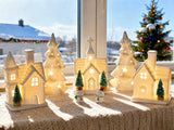 Christmas Decorations Indoor – 11 Pcs Lighted Ceramic Christmas Village Set with LED Houses & Trees – Elegant White Farmhouse Tabletop Holiday Décor for Home, Mantel & Fireplace