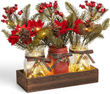 Christmas Mason Jar Centerpiece – 3-Piece Farmhouse Table Decor with Wooden Tray for Holiday Home