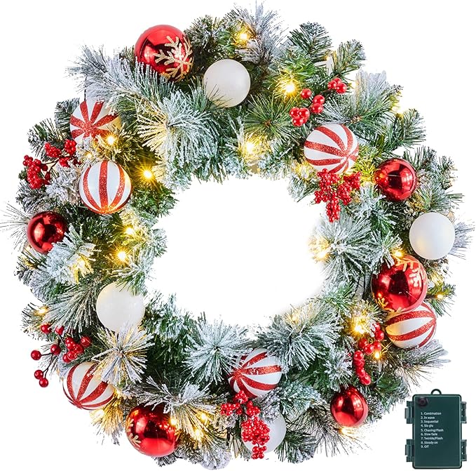 24” Pre-Lit Artificial Christmas Wreath with 50 LED Warm Lights – Handcrafted Red Berry & Pine Needle Holiday Door Decoration for Home, Wall & Windows