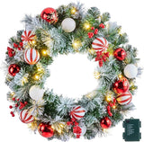 24” Pre-Lit Artificial Christmas Wreath with 50 LED Warm Lights – Handcrafted Red Berry & Pine Needle Holiday Door Decoration for Home, Wall & Windows