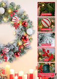 24” Pre-Lit Artificial Christmas Wreath with 50 LED Warm Lights – Handcrafted Red Berry & Pine Needle Holiday Door Decoration for Home, Wall & Windows