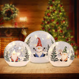 Set of 3 Crackle Glass Ball Christmas Decorations with LED Lights – Snowman & Winter Scene Table Decor