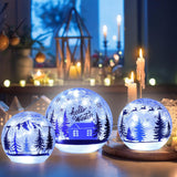 Set of 3 Crackle Glass Ball Christmas Decorations with LED Lights – Snowman & Winter Scene Table Decor