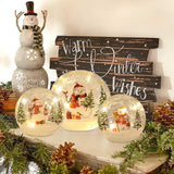 Set of 3 Crackle Glass Ball Christmas Decorations with LED Lights – Snowman & Winter Scene Table Decor