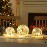 Set of 3 Crackle Glass Ball Christmas Decorations with LED Lights – Snowman & Winter Scene Table Decor