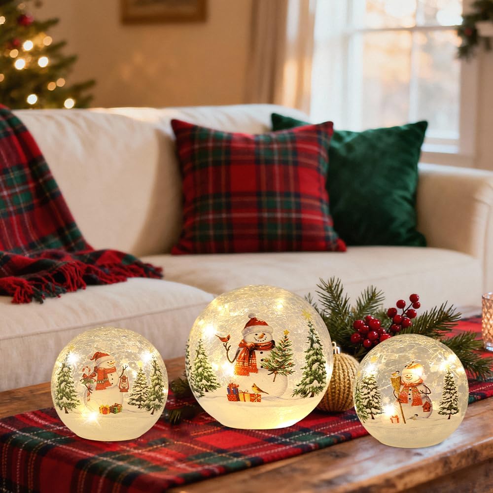 Set of 3 Crackle Glass Ball Christmas Decorations with LED Lights – Snowman & Winter Scene Table Decor