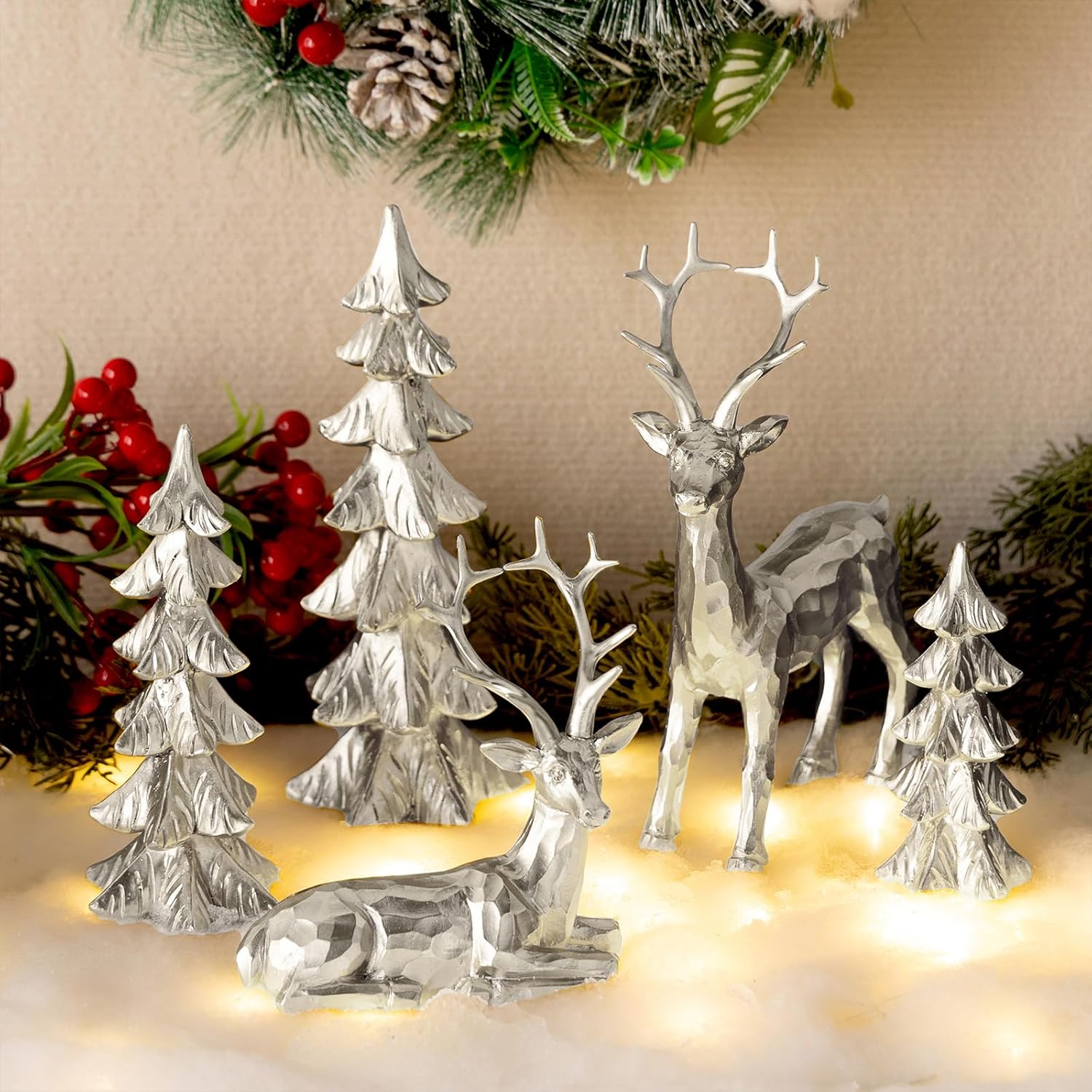 5Pcs Gold Christmas Reindeer Statue Set with Christmas Tree Figurines – Elegant Tabletop Christmas Decor for Home, Mantel & Holiday Centerpiece (Gold & Silver)