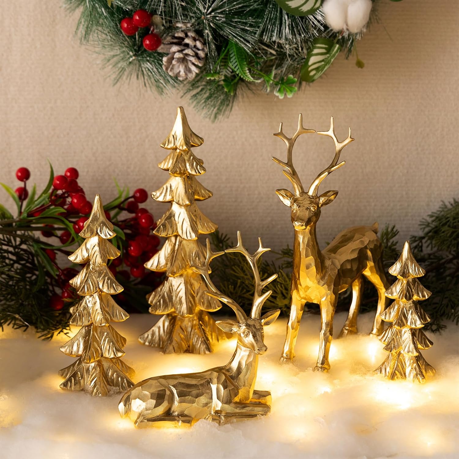 5Pcs Gold Christmas Reindeer Statue Set with Christmas Tree Figurines – Elegant Tabletop Christmas Decor for Home, Mantel & Holiday Centerpiece (Gold & Silver)