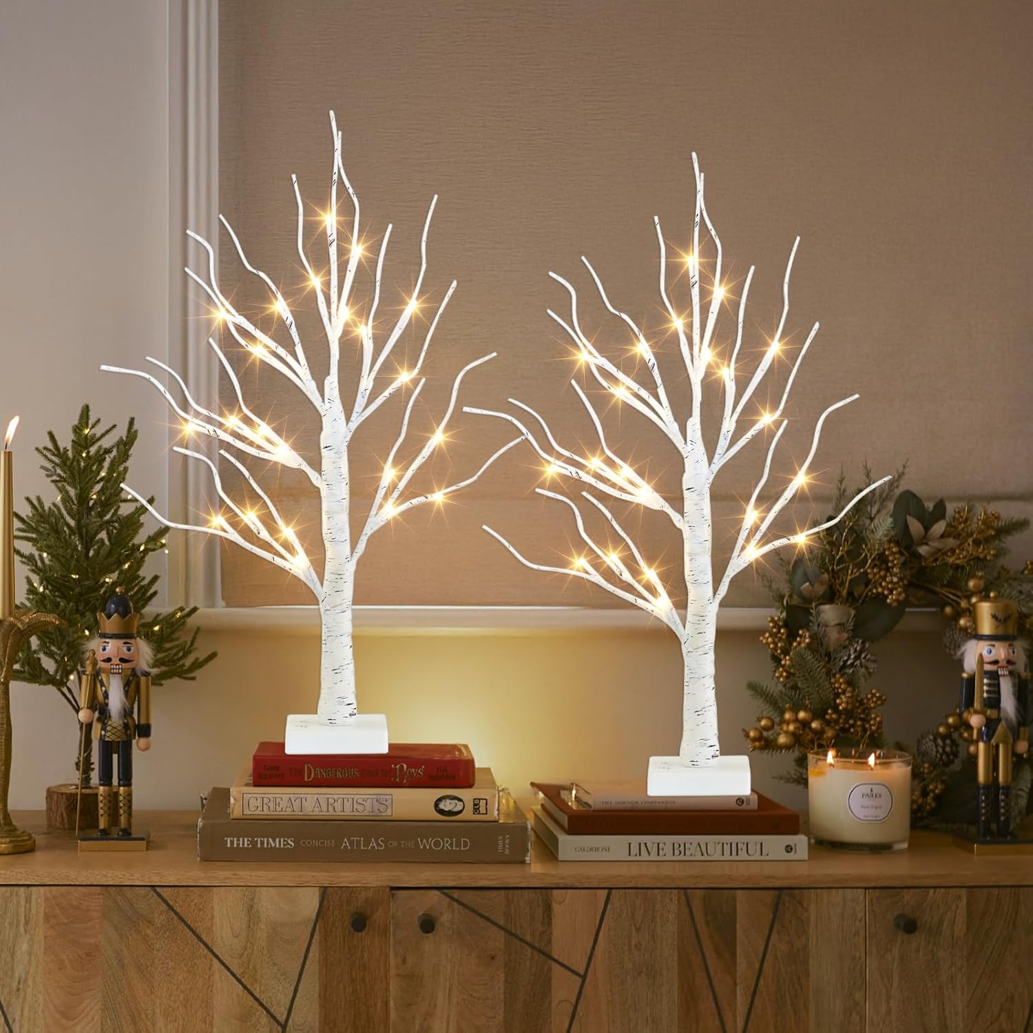 Lighted Birch Tree Decoration – 4PK 2FT LED Tree with Warm White Fairy Lights | Battery Powered Tabletop Christmas & Easter Decor for Home Fireplace & Room