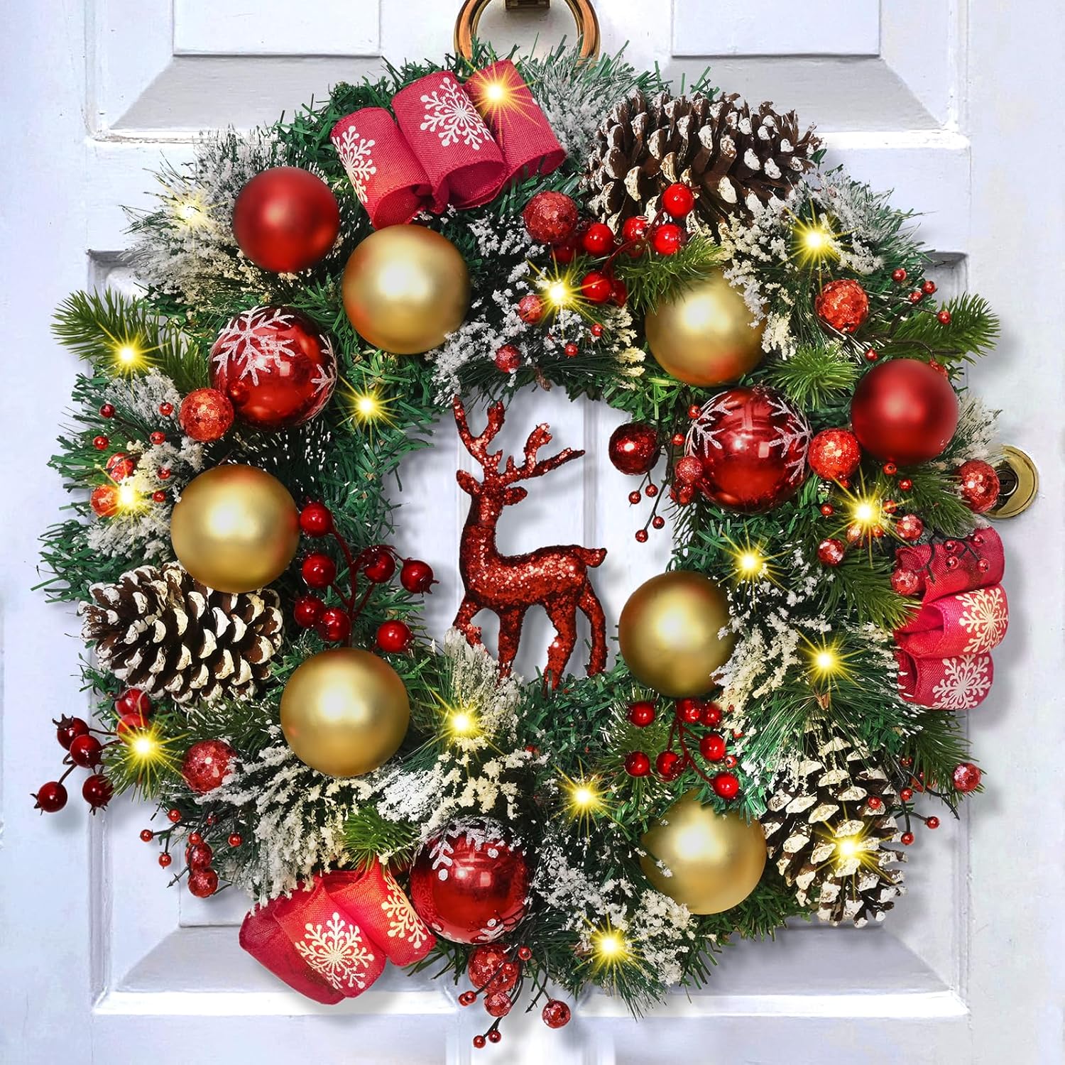 16” Lighted Christmas Wreath with LED Lights, Red Reindeer & Poinsettias — Front Door & Wall Holiday Decor