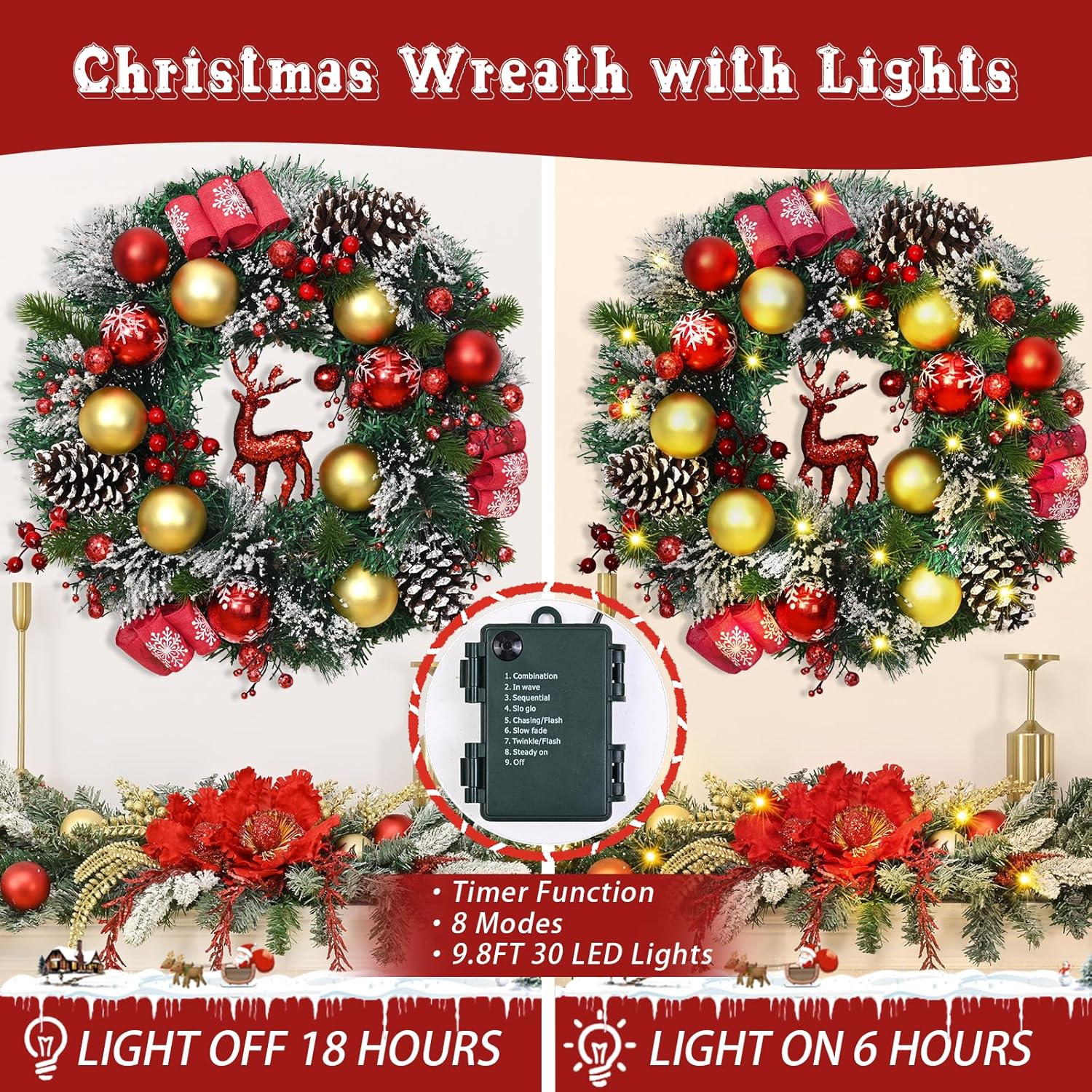16” Lighted Christmas Wreath with LED Lights, Red Reindeer & Poinsettias — Front Door & Wall Holiday Decor