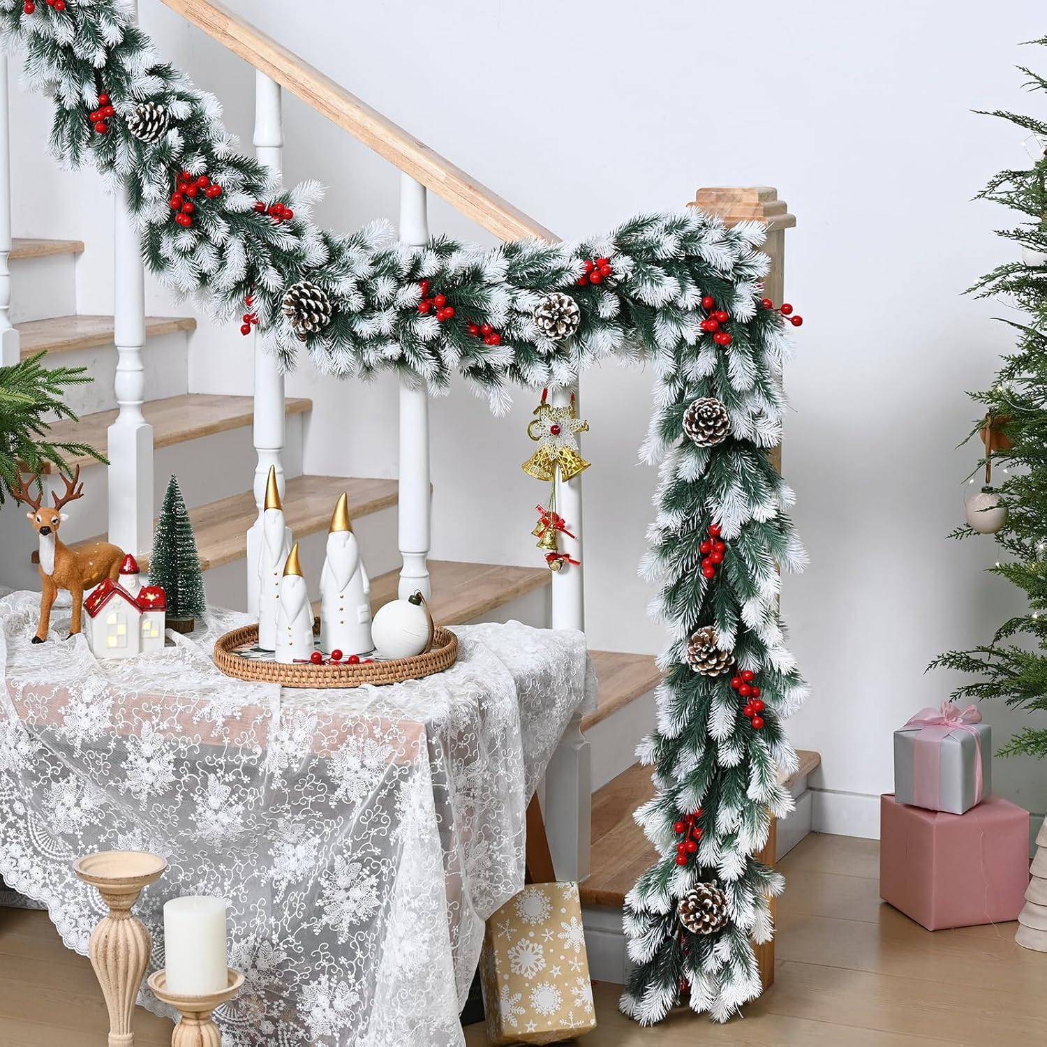 Christmas Garland — 9 & 6 FT Flocked White Pine Garland with Pinecones & Red Berries for Mantel, Staircase, Porch, or Table Centerpiece