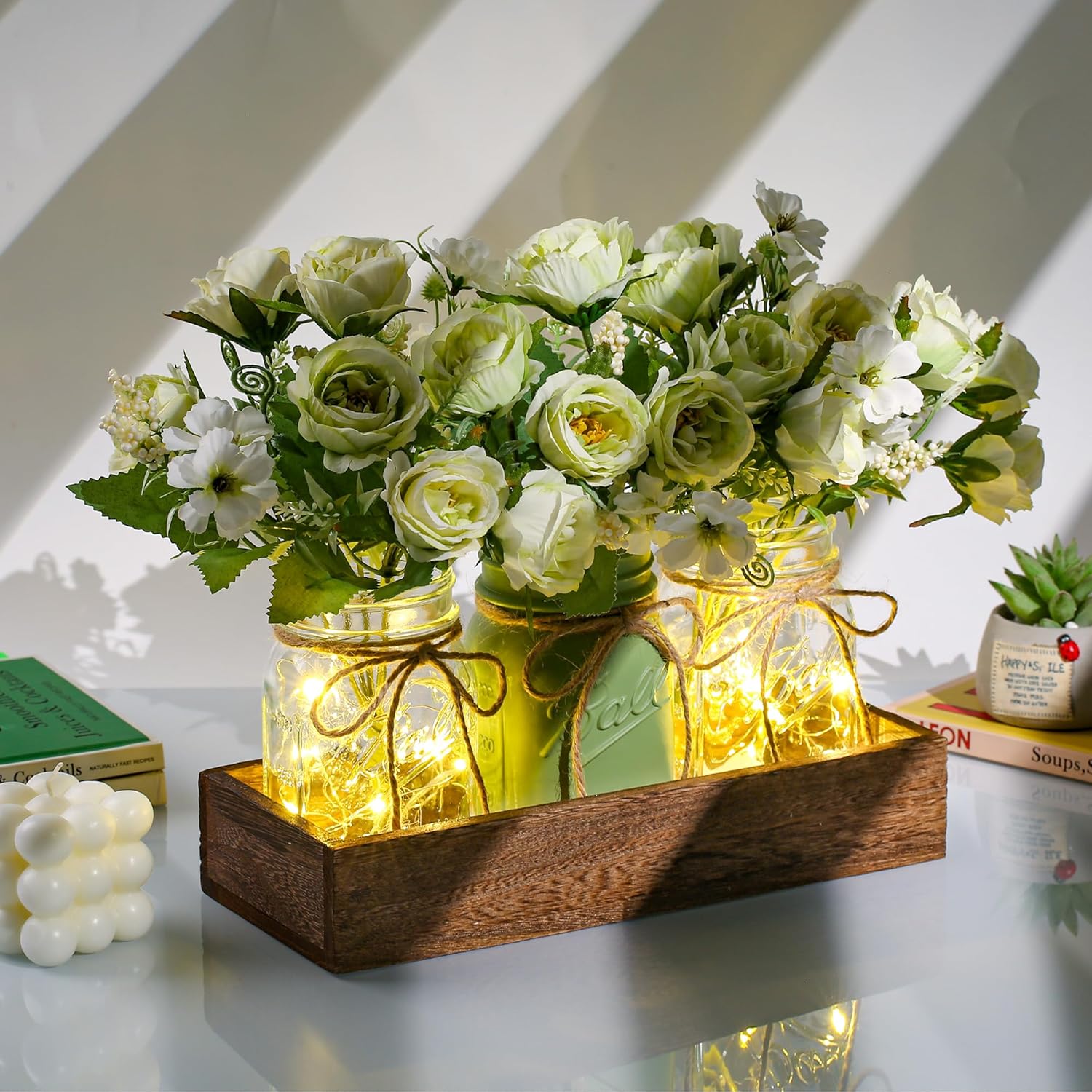 3 Pcs Mason Jar Centerpiece with LED Lights – Farmhouse Table Decor for Dining Room, Kitchen & Living Room